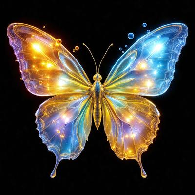 The primary subject of the image is a butterfly, which is the main object, scene, or focus of the image. The butterfly is depicted in a vibrant and colorful manner, with its wings and body illuminated by a blue and yellow light. The setting or background of the image is a dark background, which contrasts with the bright colors of the butterfly. The visual style of the image is digital art, as it appears to be a computer-generated or digitally edited image. The colors